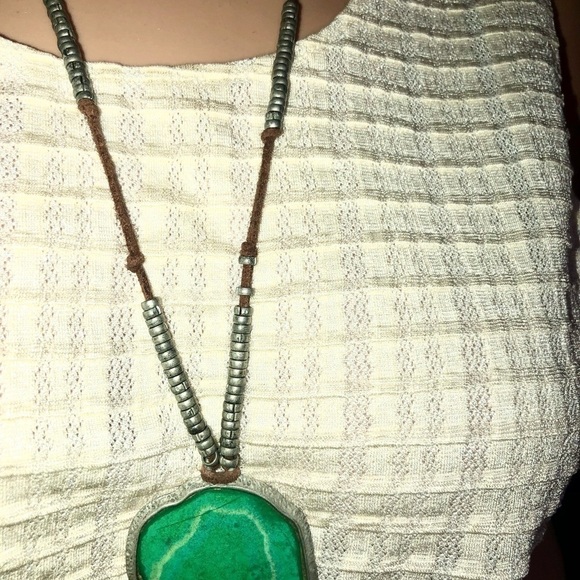 Green Agate Slice Pendant Necklace Vintage Large - Picture 3 of 6